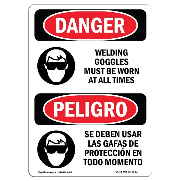OSHA Sign, Welding Goggles Must Worn Bilingual, 18in X 12in Rigid Plastic, 12" W, 18" H, Spanish